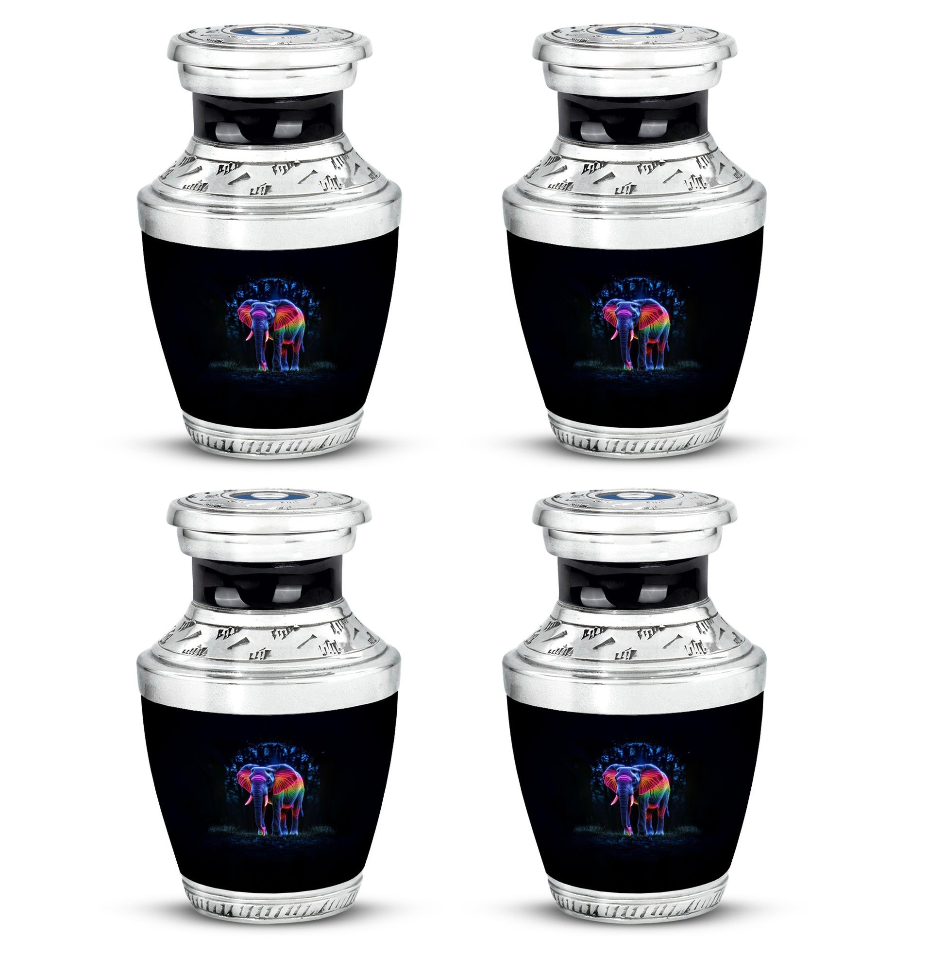 Rich Black Elephant Cremation Urn back view with polished surface - modern art-inspired elephant motif on sleek aluminum - 10 inch aluminum urn for cremated remains
