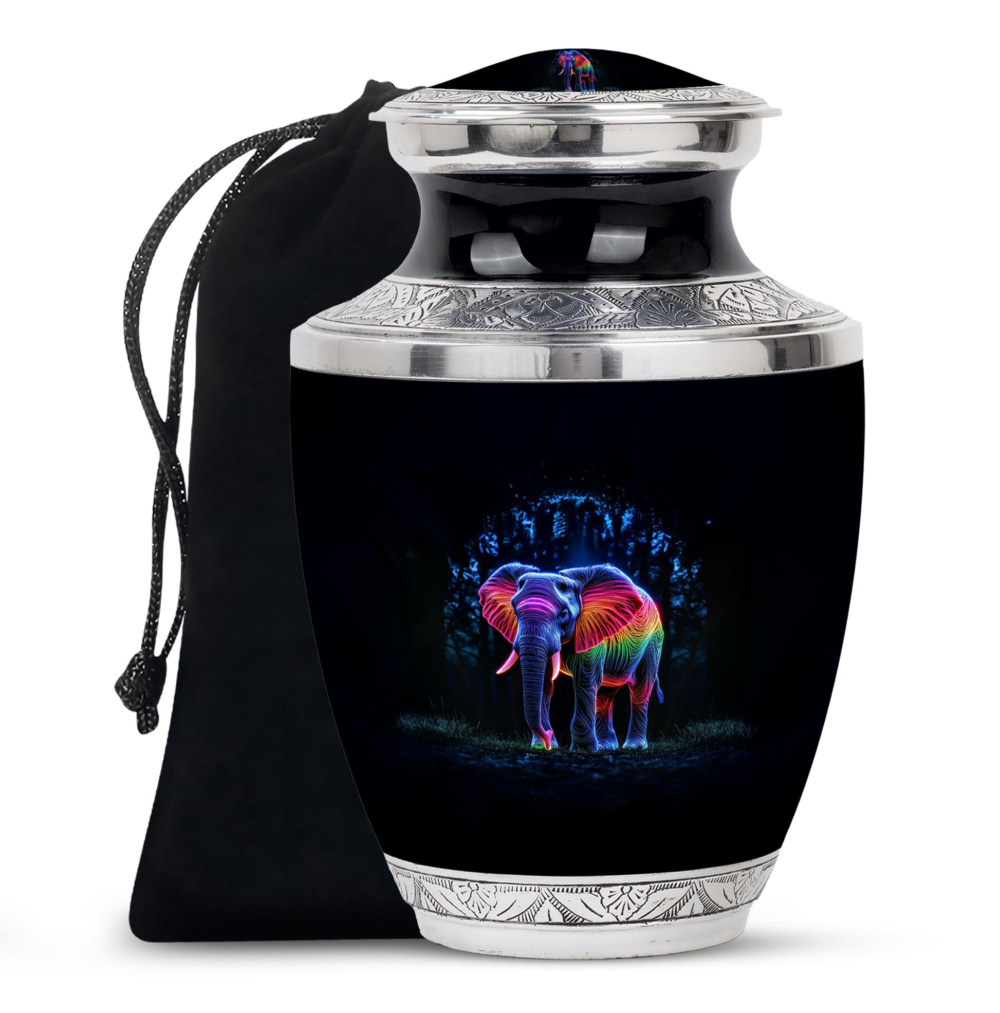 Onyx Black Elephant Cremation Urn side profile showing urn shape - stylized abstract elephant pattern with bold lines - full-size 10 inch 200 cubic inch adult cremation urn