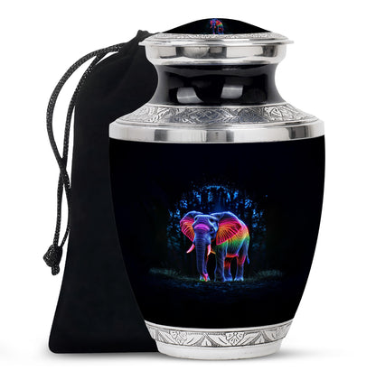 Onyx Black Elephant Cremation Urn side profile showing urn shape - stylized abstract elephant pattern with bold lines - full-size 10 inch 200 cubic inch adult cremation urn