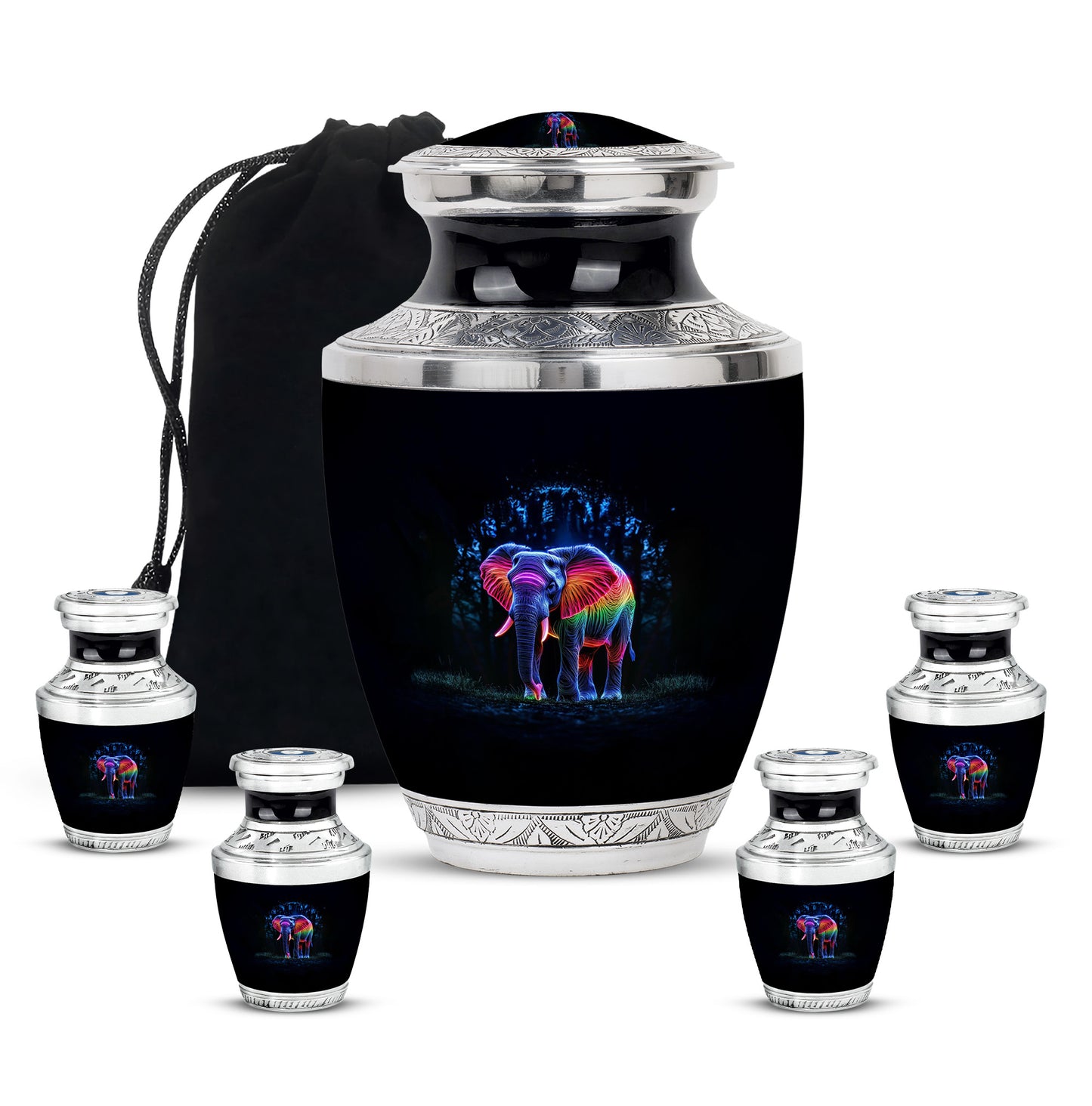 Deep Black Elephant Cremation Urn lifestyle display on memorial shelf - modern art-inspired elephant motif on sleek aluminum - memorial set with one large and four small urns
