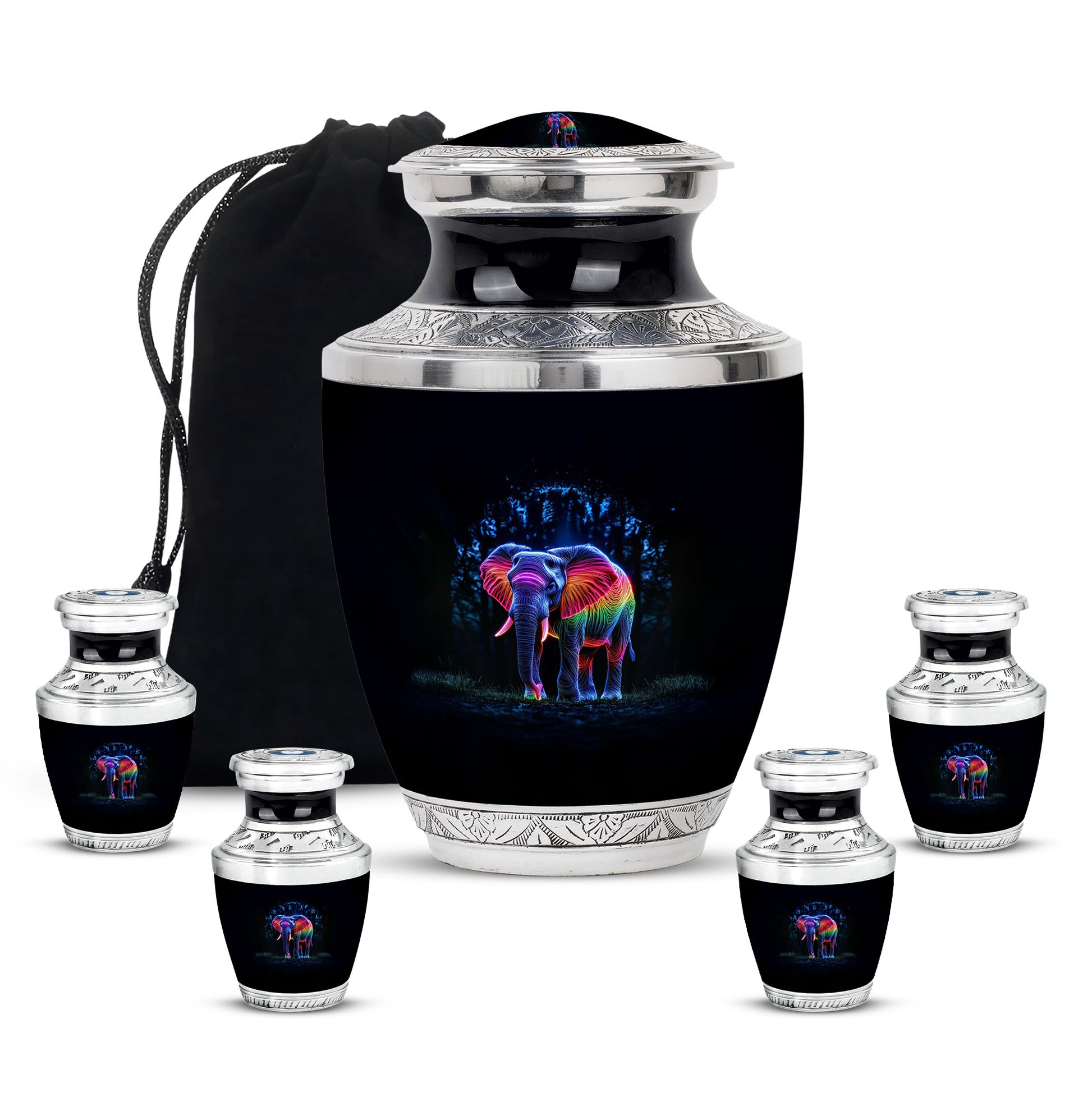 Deep Black Elephant Cremation Urn lifestyle display on memorial shelf - modern art-inspired elephant motif on sleek aluminum - memorial set with one large and four small urns