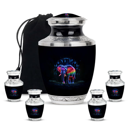 Deep Black Elephant Cremation Urn lifestyle display on memorial shelf - modern art-inspired elephant motif on sleek aluminum - memorial set with one large and four small urns