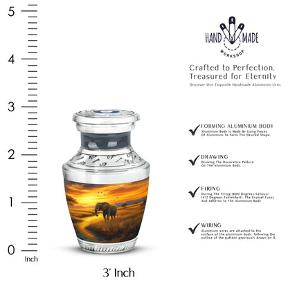 Royal Gold Elephant Cremation Urn top-down view of secure threaded lid - artistic elephant interpretation with creative detail - mini keepsake memorial for portion of cremation ashes