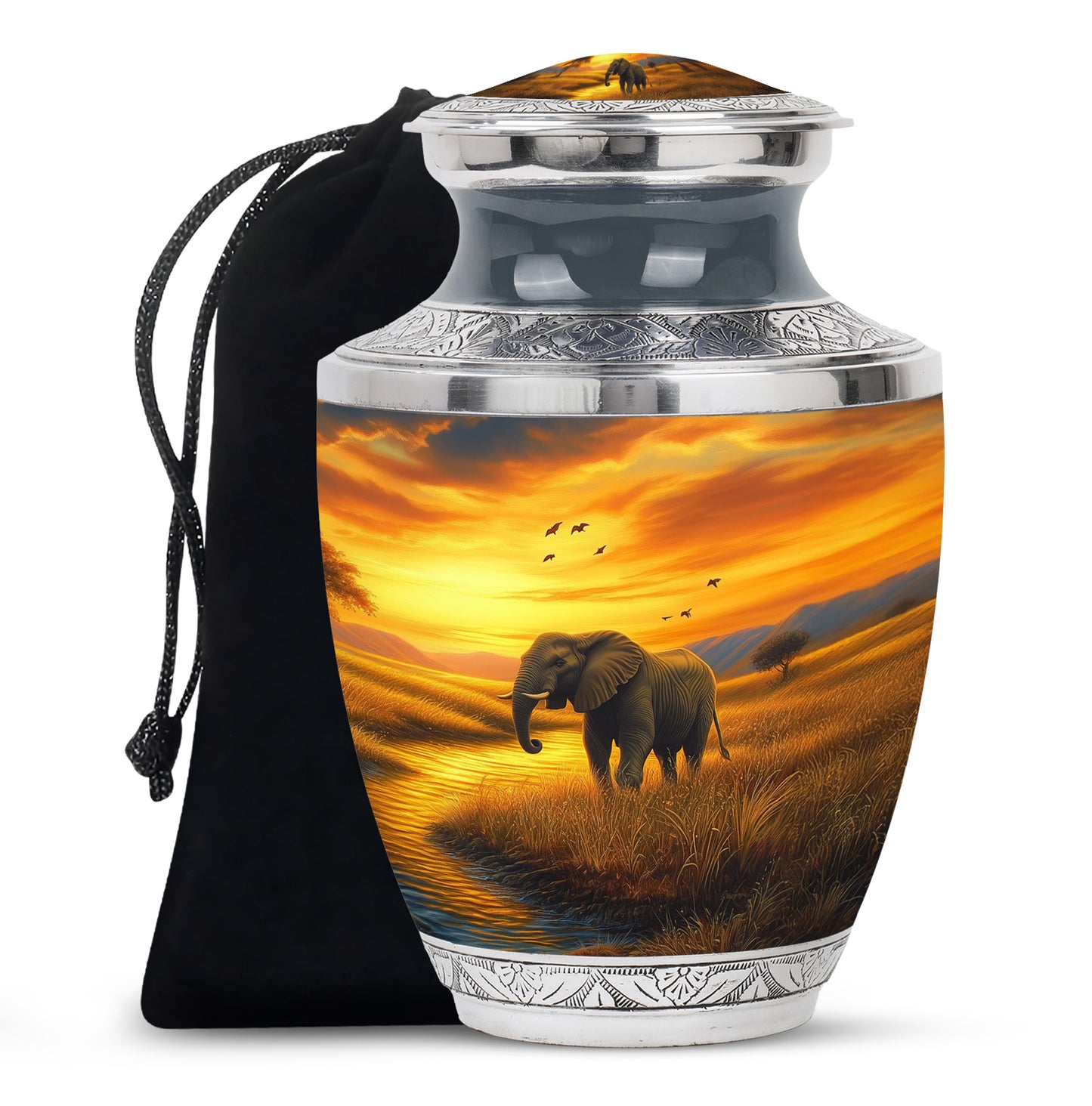 Matte Gold Elephant Cremation Urn side profile showing urn shape - stylized abstract elephant pattern with bold lines - full-size 10 inch 200 cubic inch adult cremation urn