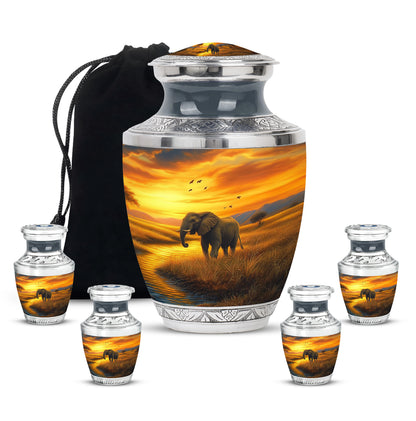 Harvest Gold Elephant Cremation Urn lifestyle display on memorial shelf - stylized abstract elephant pattern with bold lines - memorial set with one large and four small urns