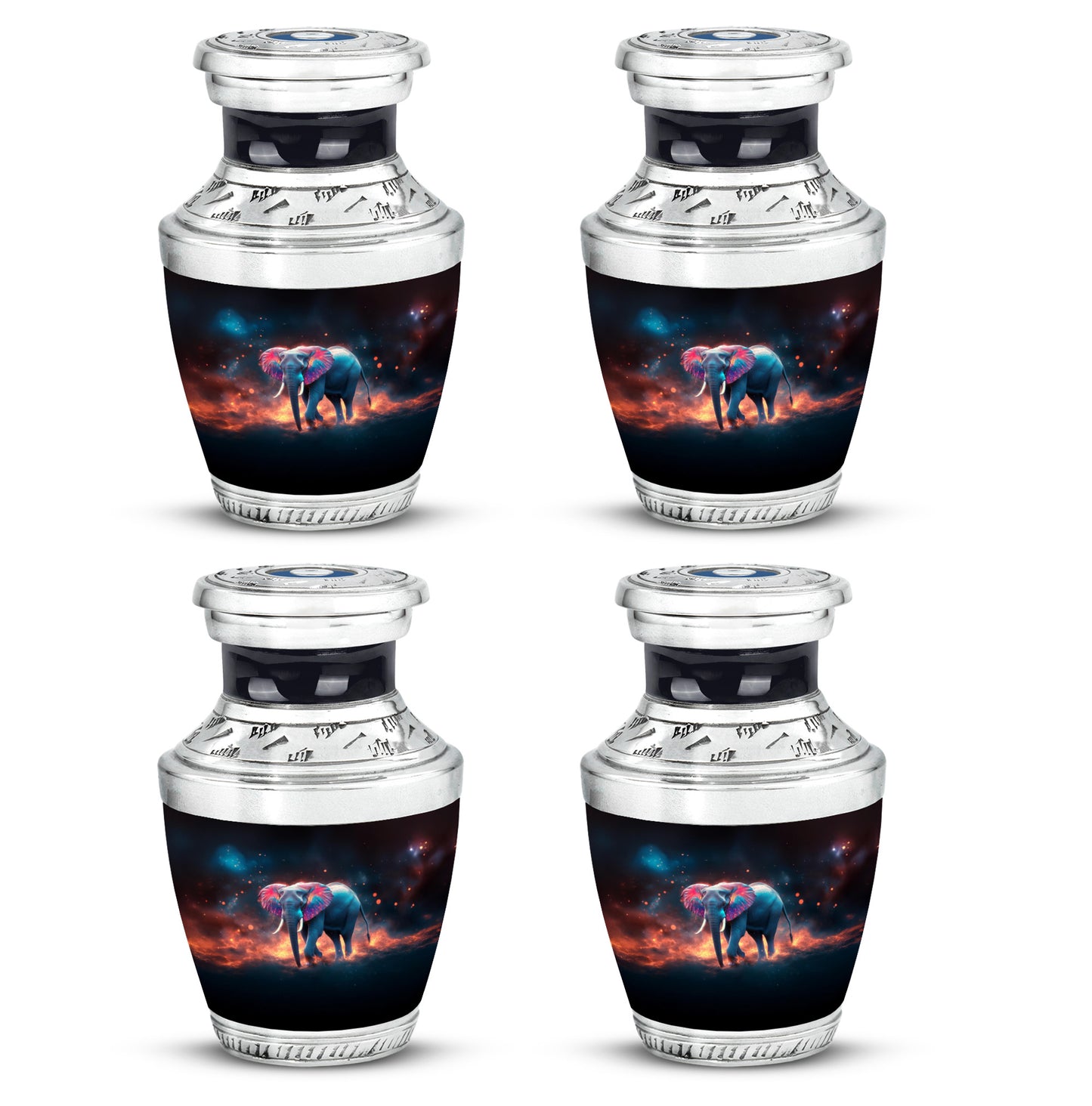 Charcoal Black Elephant Cremation Urn back view with polished surface - stylized abstract elephant pattern with bold lines - 10 inch aluminum urn for cremated remains