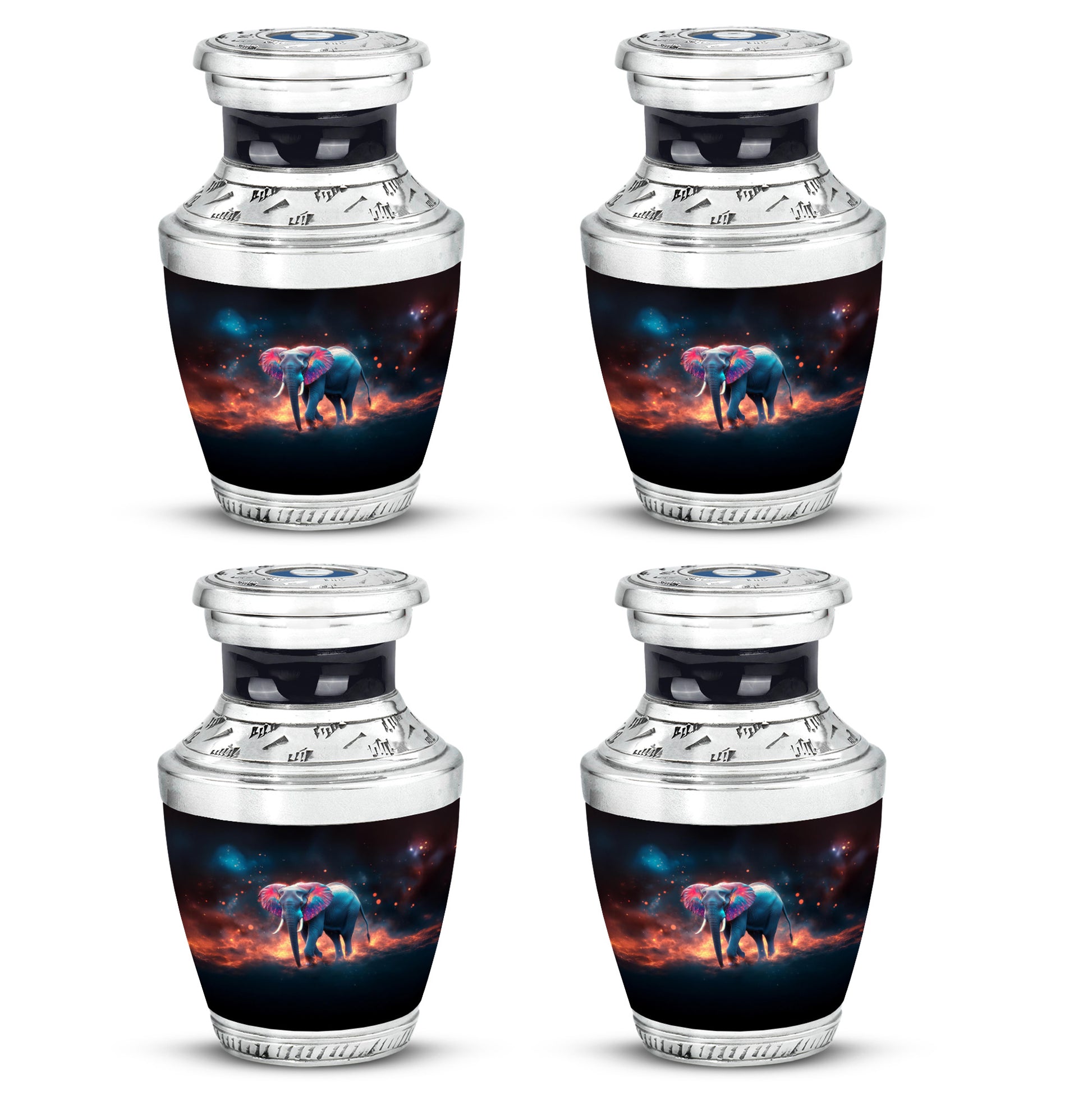 Charcoal Black Elephant Cremation Urn back view with polished surface - stylized abstract elephant pattern with bold lines - 10 inch aluminum urn for cremated remains