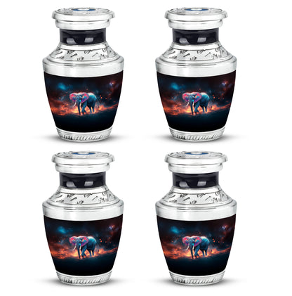 Charcoal Black Elephant Cremation Urn back view with polished surface - stylized abstract elephant pattern with bold lines - 10 inch aluminum urn for cremated remains