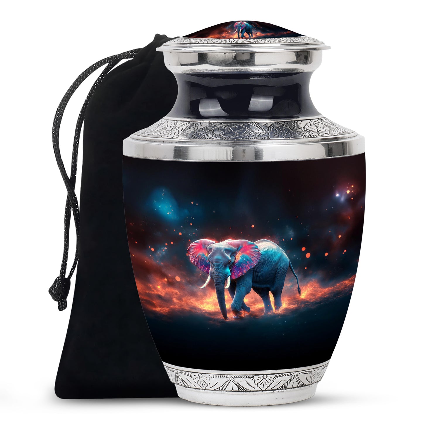Onyx Black Elephant Cremation Urn side profile showing urn shape - artistic elephant interpretation with creative detail - full-size 10 inch 200 cubic inch adult cremation urn