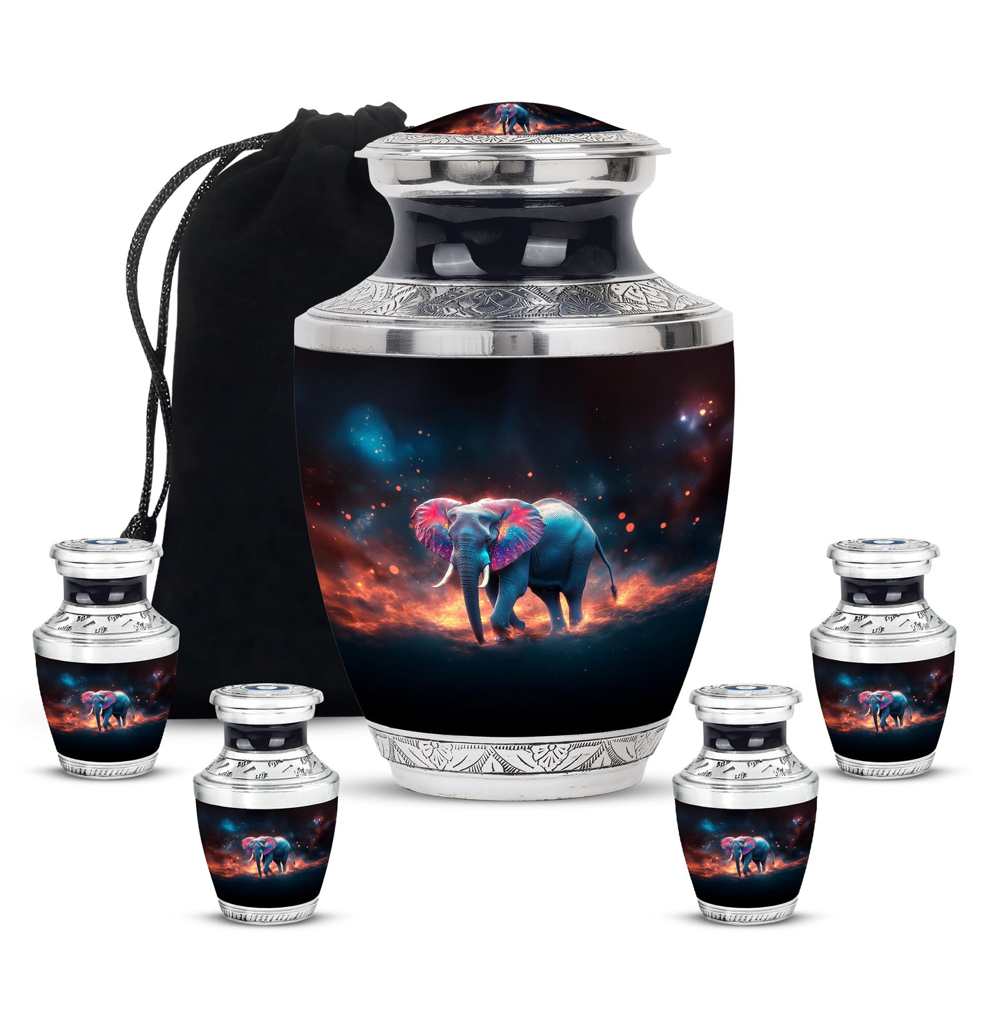 Rich Black Elephant Cremation Urn lifestyle display on memorial shelf - modern art-inspired elephant motif on sleek aluminum - memorial set with one large and four small urns