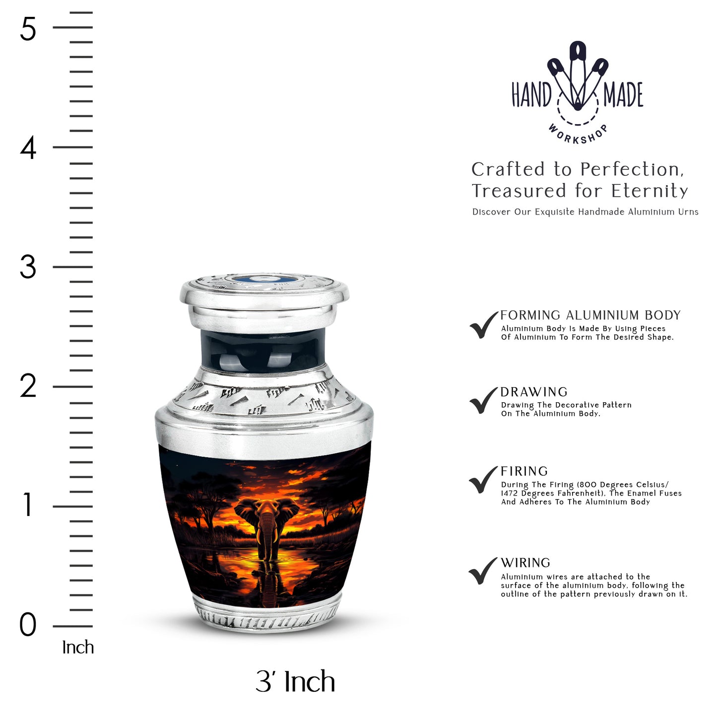 Onyx Black Elephant Cremation Urn top-down view of secure threaded lid - stylized abstract elephant pattern with bold lines - mini keepsake memorial for portion of cremation ashes