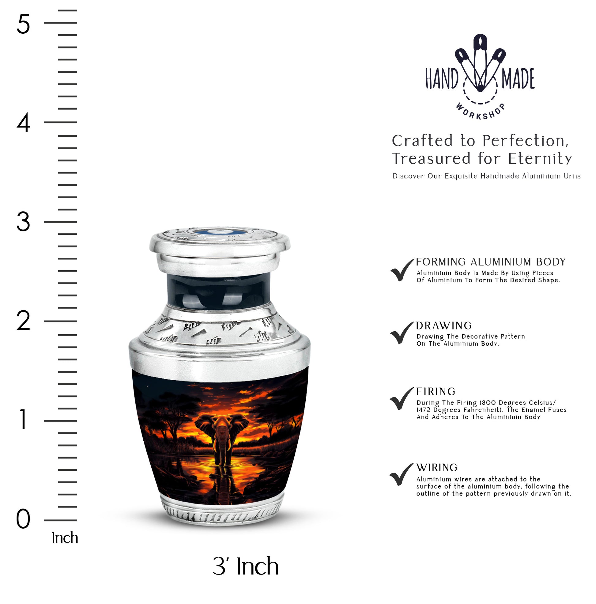 Onyx Black Elephant Cremation Urn top-down view of secure threaded lid - stylized abstract elephant pattern with bold lines - mini keepsake memorial for portion of cremation ashes