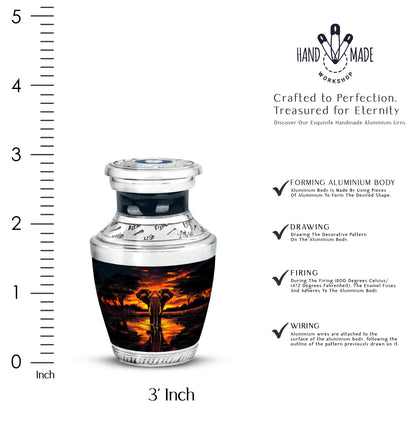 Onyx Black Elephant Cremation Urn top-down view of secure threaded lid - stylized abstract elephant pattern with bold lines - mini keepsake memorial for portion of cremation ashes