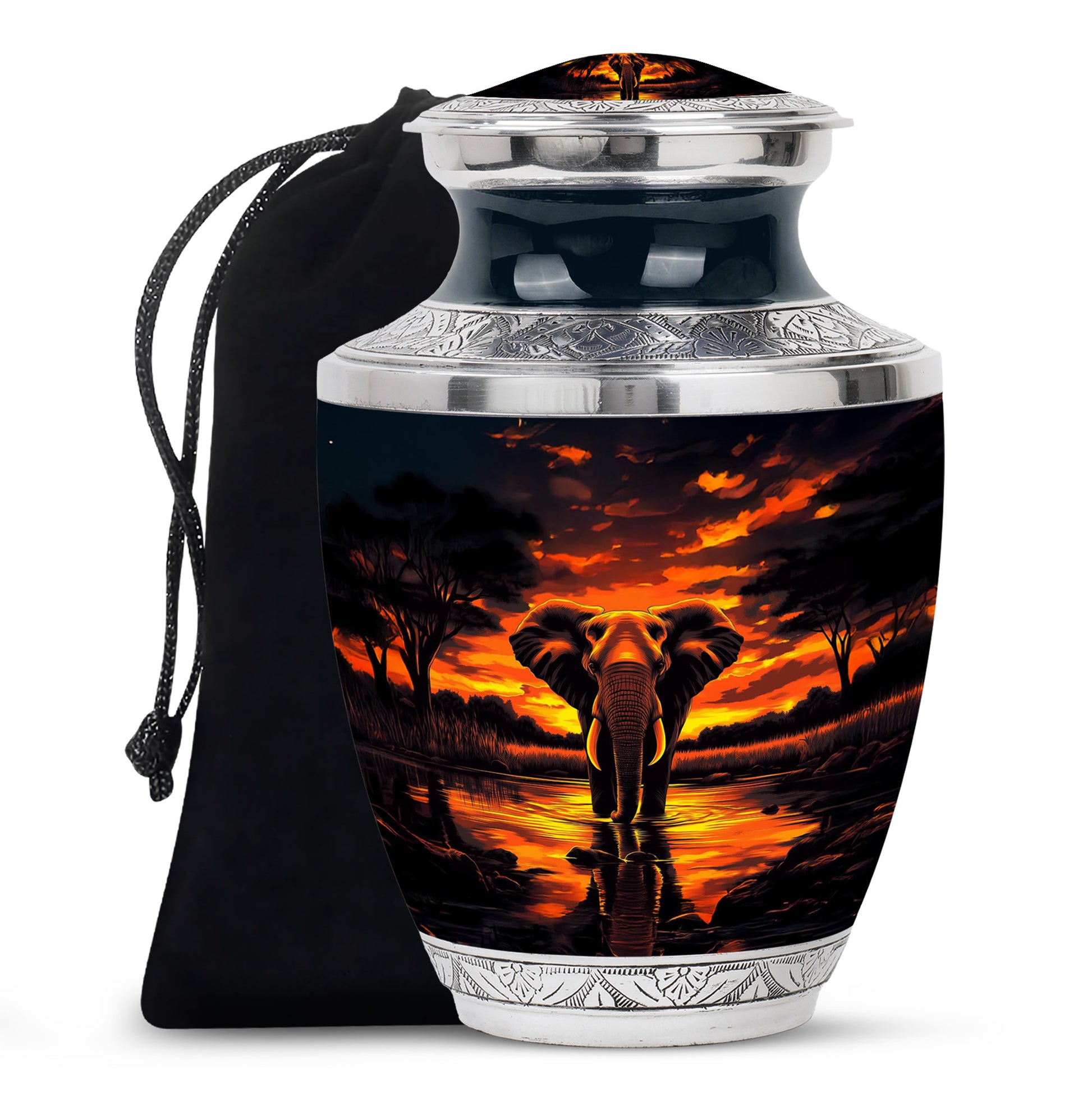 Deep Black Elephant Cremation Urn side profile showing urn shape - modern art-inspired elephant motif on sleek aluminum - full-size 10 inch 200 cubic inch adult cremation urn