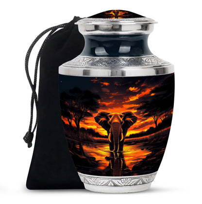 Deep Black Elephant Cremation Urn side profile showing urn shape - modern art-inspired elephant motif on sleek aluminum - full-size 10 inch 200 cubic inch adult cremation urn