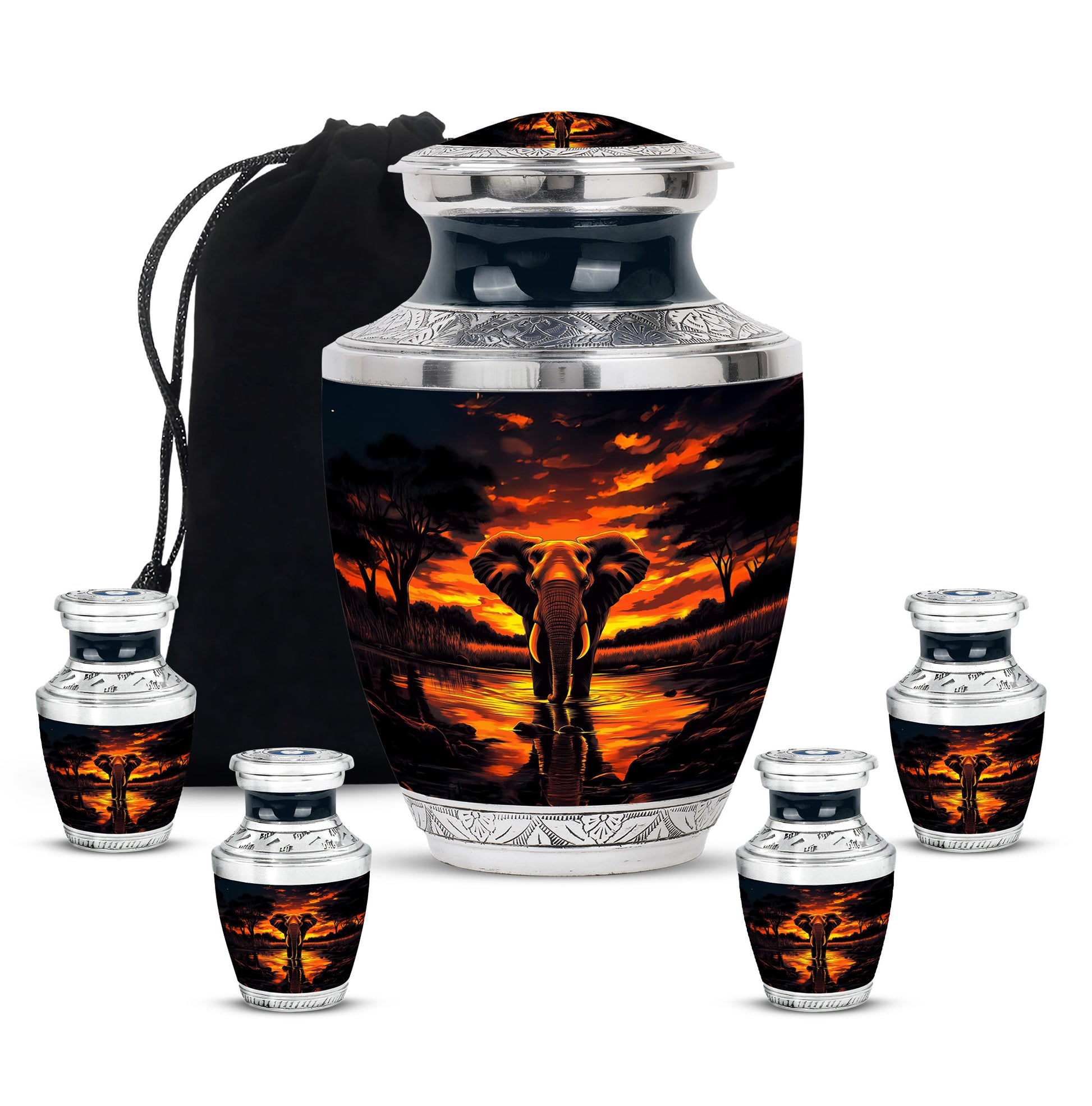Rich Black Elephant Cremation Urn lifestyle display on memorial shelf - contemporary elephant design with modern artistic flair - memorial set with one large and four small urns