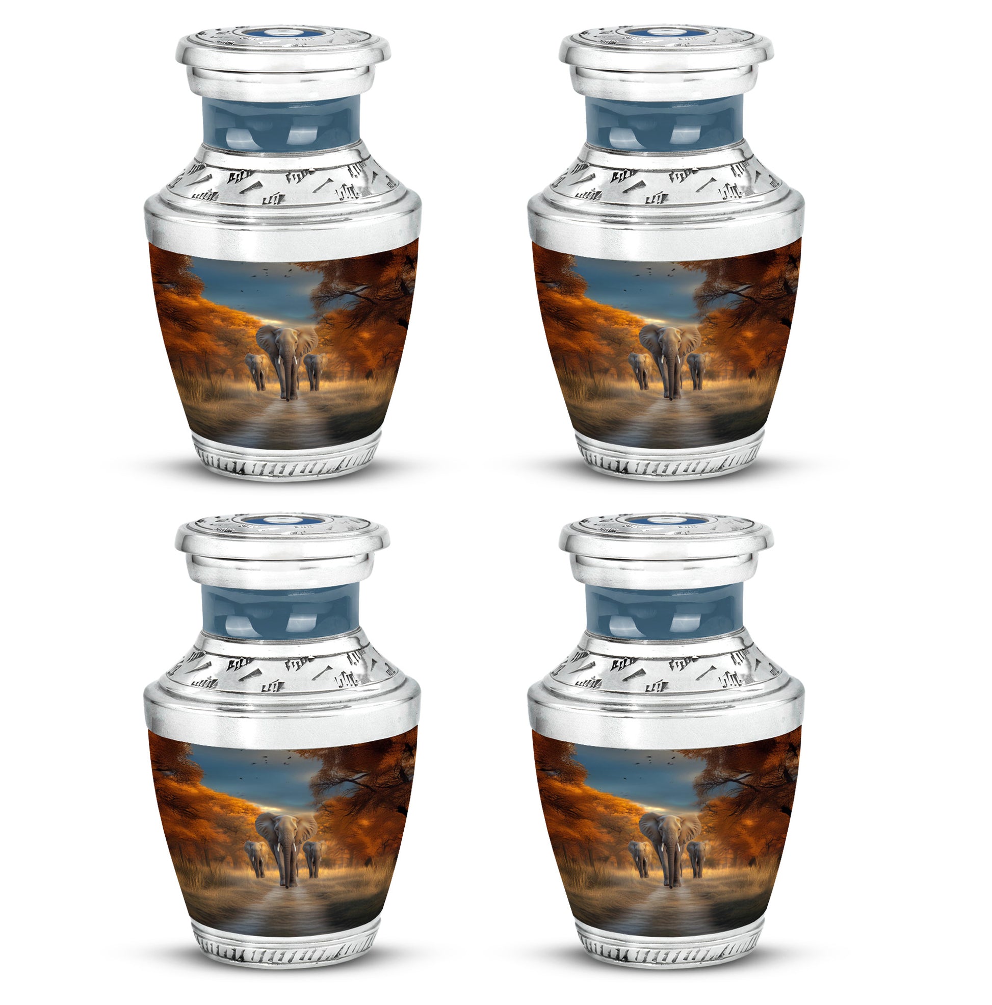 Calming Blue Elephant Cremation Urn back view with polished surface - artistic elephant interpretation with creative detail - 10 inch aluminum urn for cremated remains