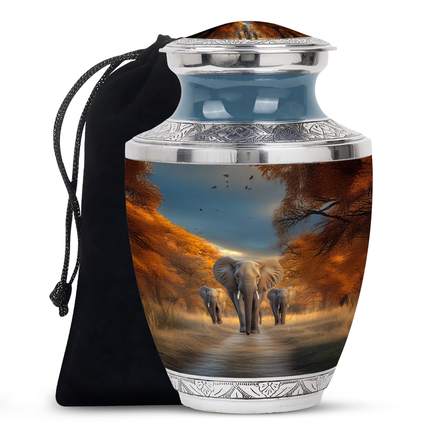 Azure Elephant Cremation Urn side profile showing urn shape - contemporary elephant design with modern artistic flair - full-size 10 inch 200 cubic inch adult cremation urn