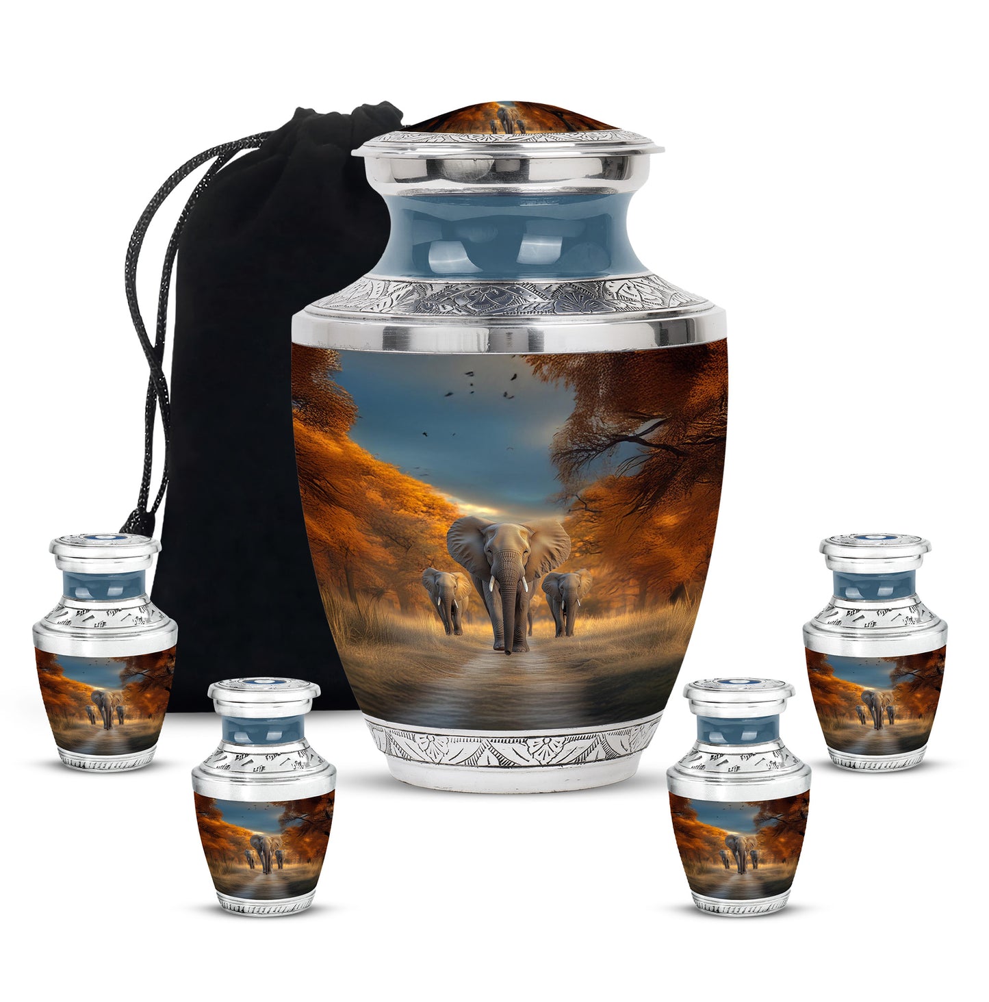 Royal Blue Elephant Cremation Urn lifestyle display on memorial shelf - artistic elephant interpretation with creative detail - memorial set with one large and four small urns