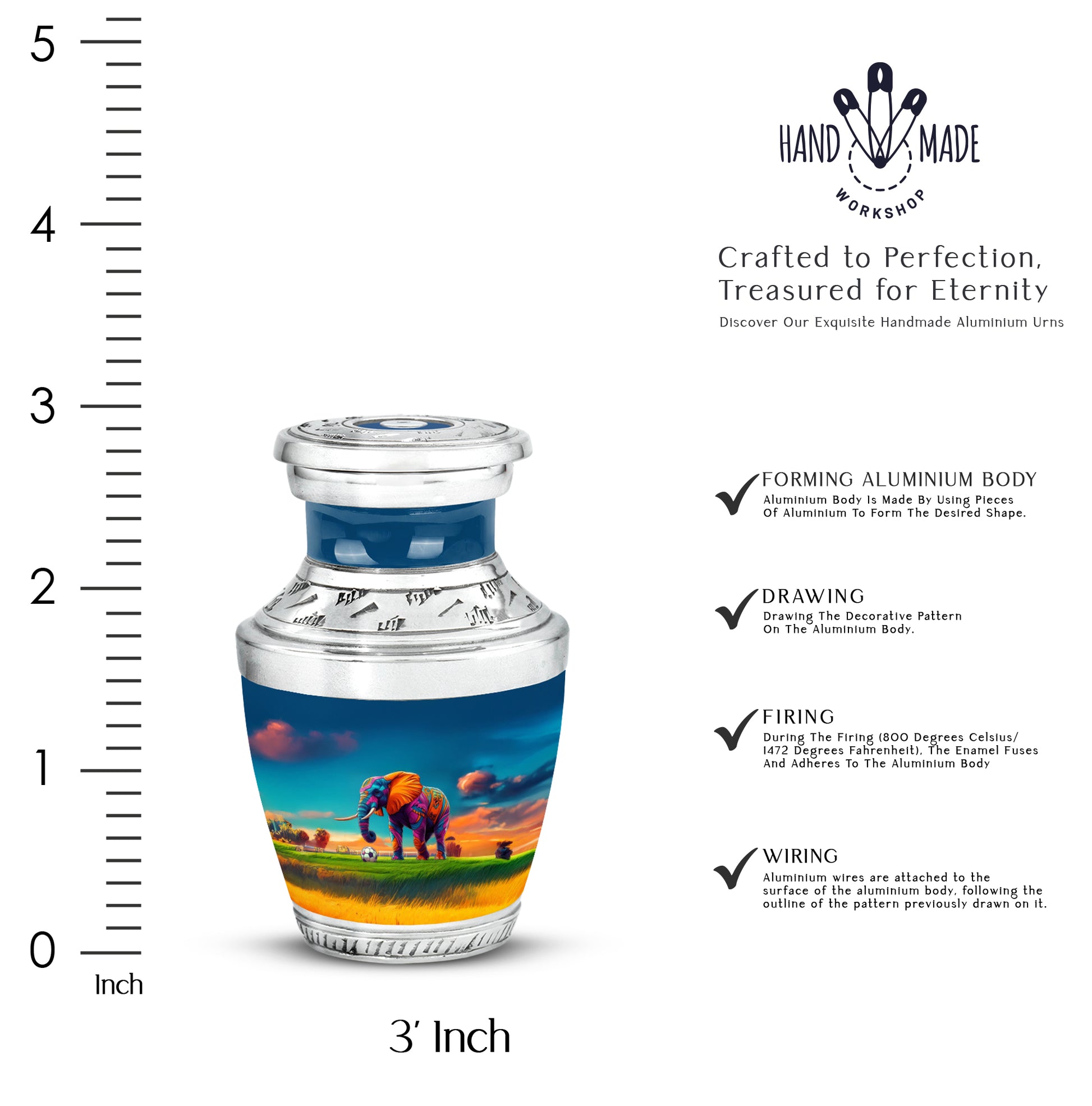 Steel Blue Elephant Cremation Urn top-down view of secure threaded lid - stylized abstract elephant pattern with bold lines - mini keepsake memorial for portion of cremation ashes