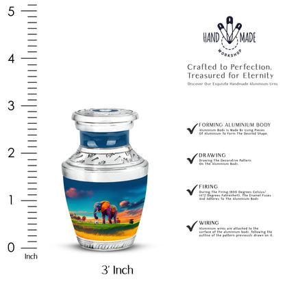 Steel Blue Elephant Cremation Urn top-down view of secure threaded lid - stylized abstract elephant pattern with bold lines - mini keepsake memorial for portion of cremation ashes