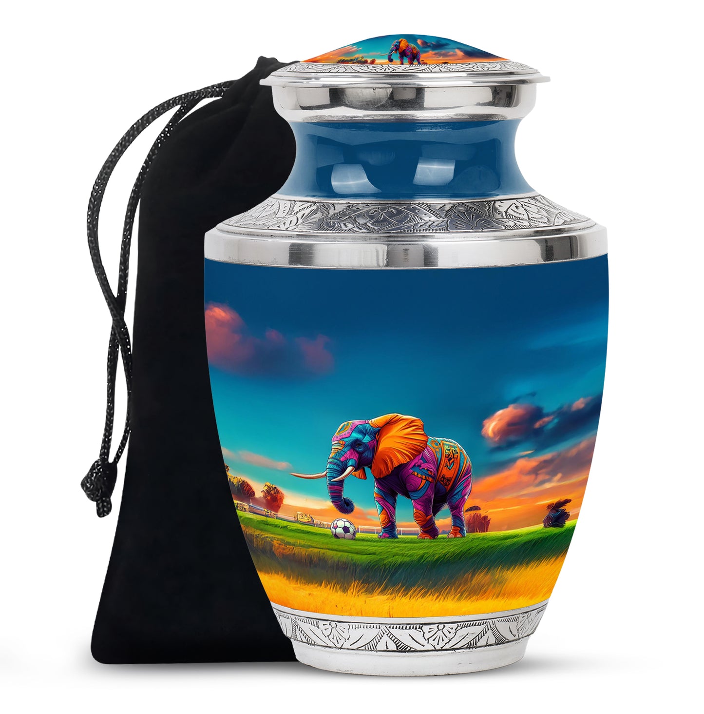 Calming Blue Elephant Cremation Urn side profile showing urn shape - artistic elephant interpretation with creative detail - full-size 10 inch 200 cubic inch adult cremation urn