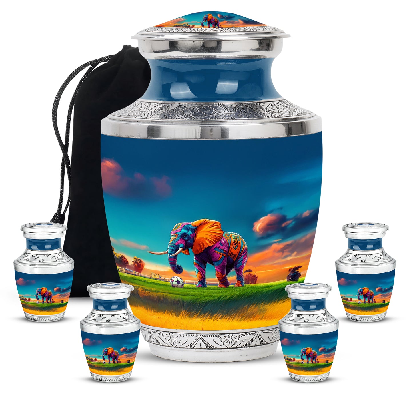 Cobalt Blue Elephant Cremation Urn lifestyle display on memorial shelf - stylized abstract elephant pattern with bold lines - memorial set with one large and four small urns