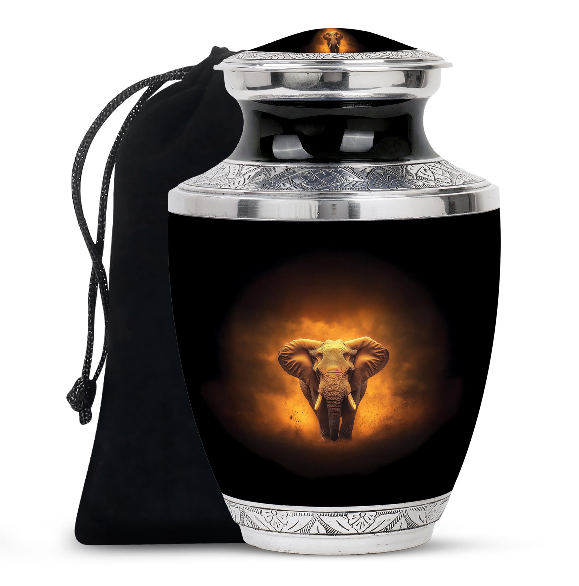 Jet Black Elephant Cremation Urn side profile showing urn shape - modern art-inspired elephant motif on sleek aluminum - full-size 10 inch 200 cubic inch adult cremation urn