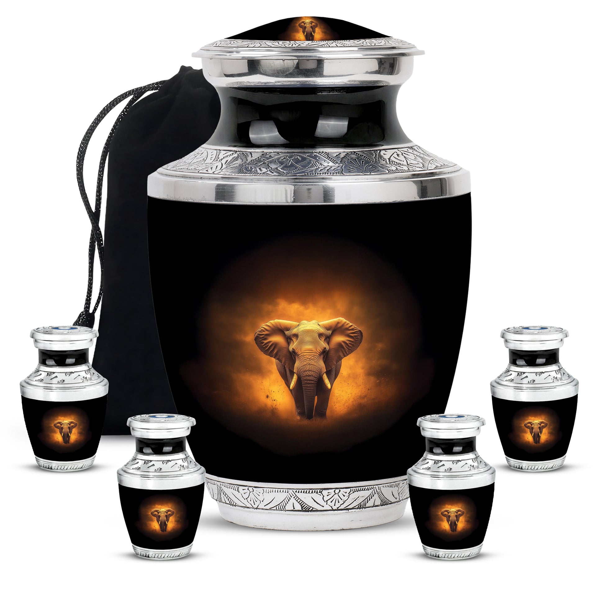 Rich Black Elephant Cremation Urn lifestyle display on memorial shelf - contemporary elephant design with modern artistic flair - memorial set with one large and four small urns