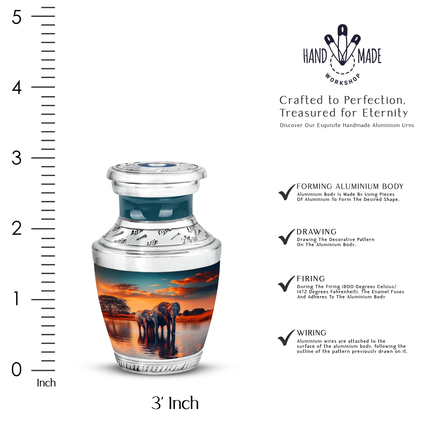 Jewel Teal Elephant Cremation Urn top-down view of secure threaded lid - modern art-inspired elephant motif on sleek aluminum - mini keepsake memorial for portion of cremation ashes