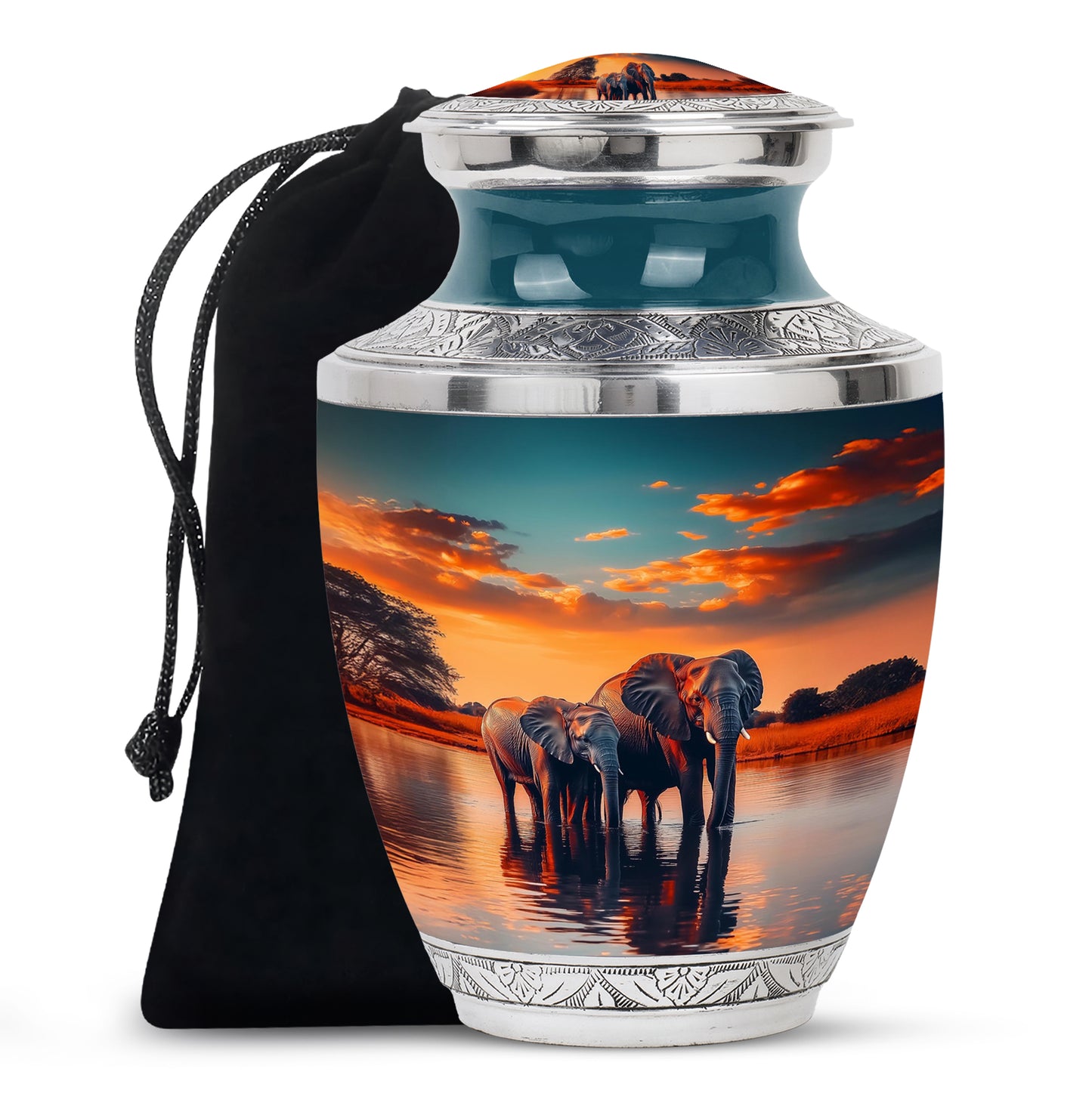 Deep Teal Elephant Cremation Urn side profile showing urn shape - artistic elephant interpretation with creative detail - full-size 10 inch 200 cubic inch adult cremation urn