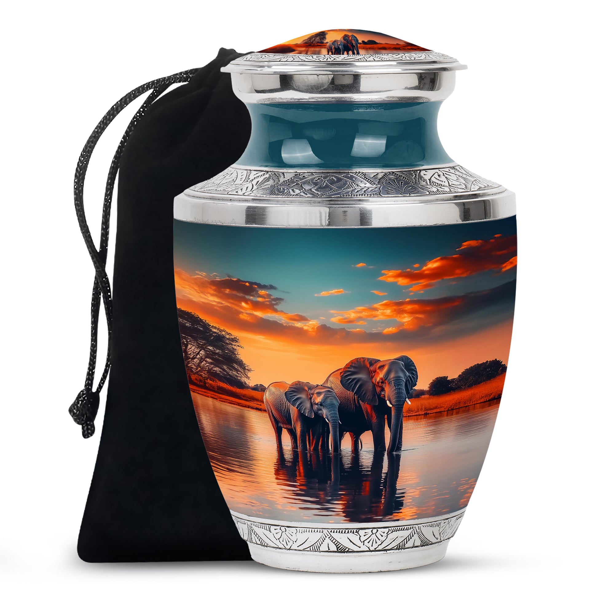 Deep Teal Elephant Cremation Urn side profile showing urn shape - artistic elephant interpretation with creative detail - full-size 10 inch 200 cubic inch adult cremation urn