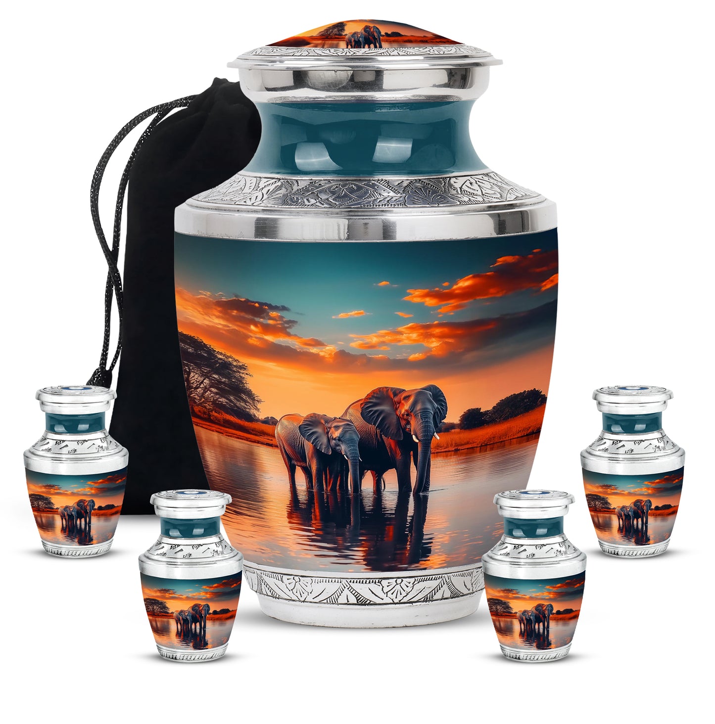 Deep Teal Elephant Cremation Urn lifestyle display on memorial shelf - stylized abstract elephant pattern with bold lines - memorial set with one large and four small urns