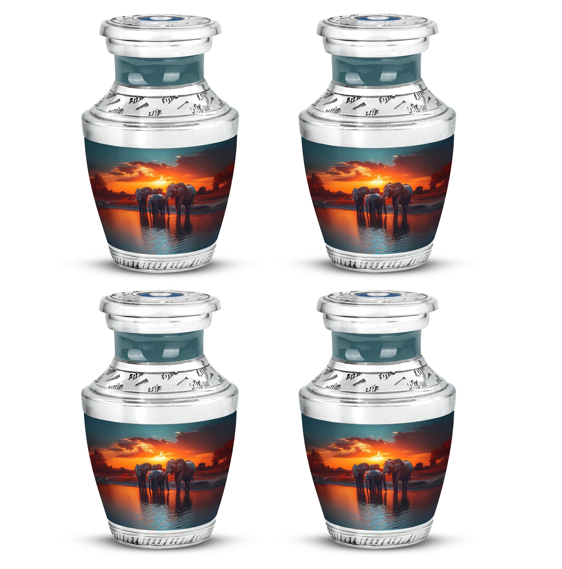 Vivid Teal Elephant Cremation Urn back view with polished surface - artistic elephant interpretation with creative detail - 10 inch aluminum urn for cremated remains