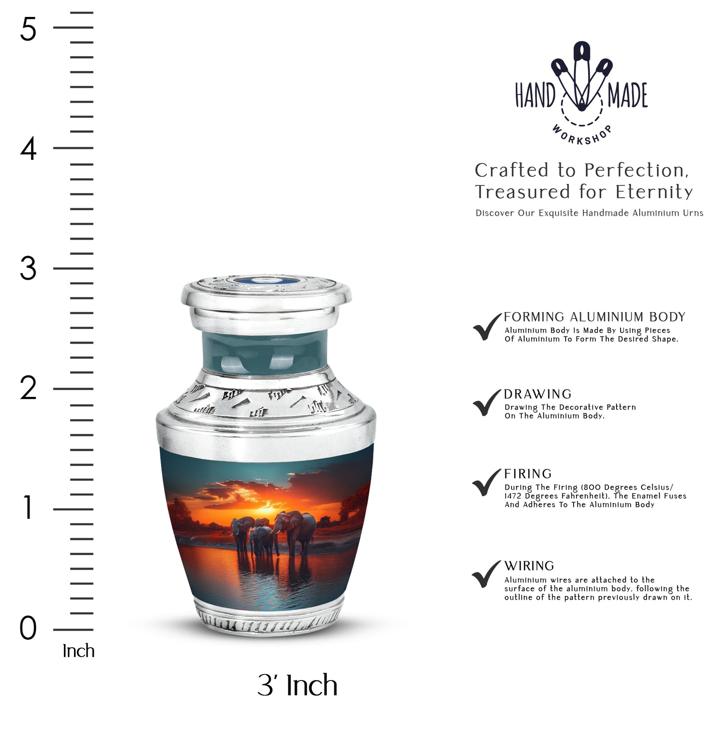 Ocean Teal Elephant Cremation Urn top-down view of secure threaded lid - contemporary elephant design with modern artistic flair - mini keepsake memorial for portion of cremation ashes