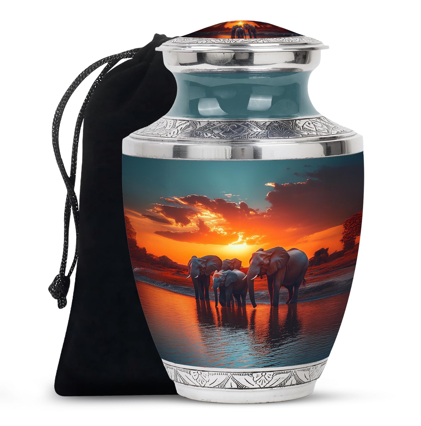Soft Teal Elephant Cremation Urn side profile showing urn shape - contemporary elephant design with modern artistic flair - full-size 10 inch 200 cubic inch adult cremation urn