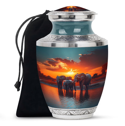 Soft Teal Elephant Cremation Urn side profile showing urn shape - contemporary elephant design with modern artistic flair - full-size 10 inch 200 cubic inch adult cremation urn
