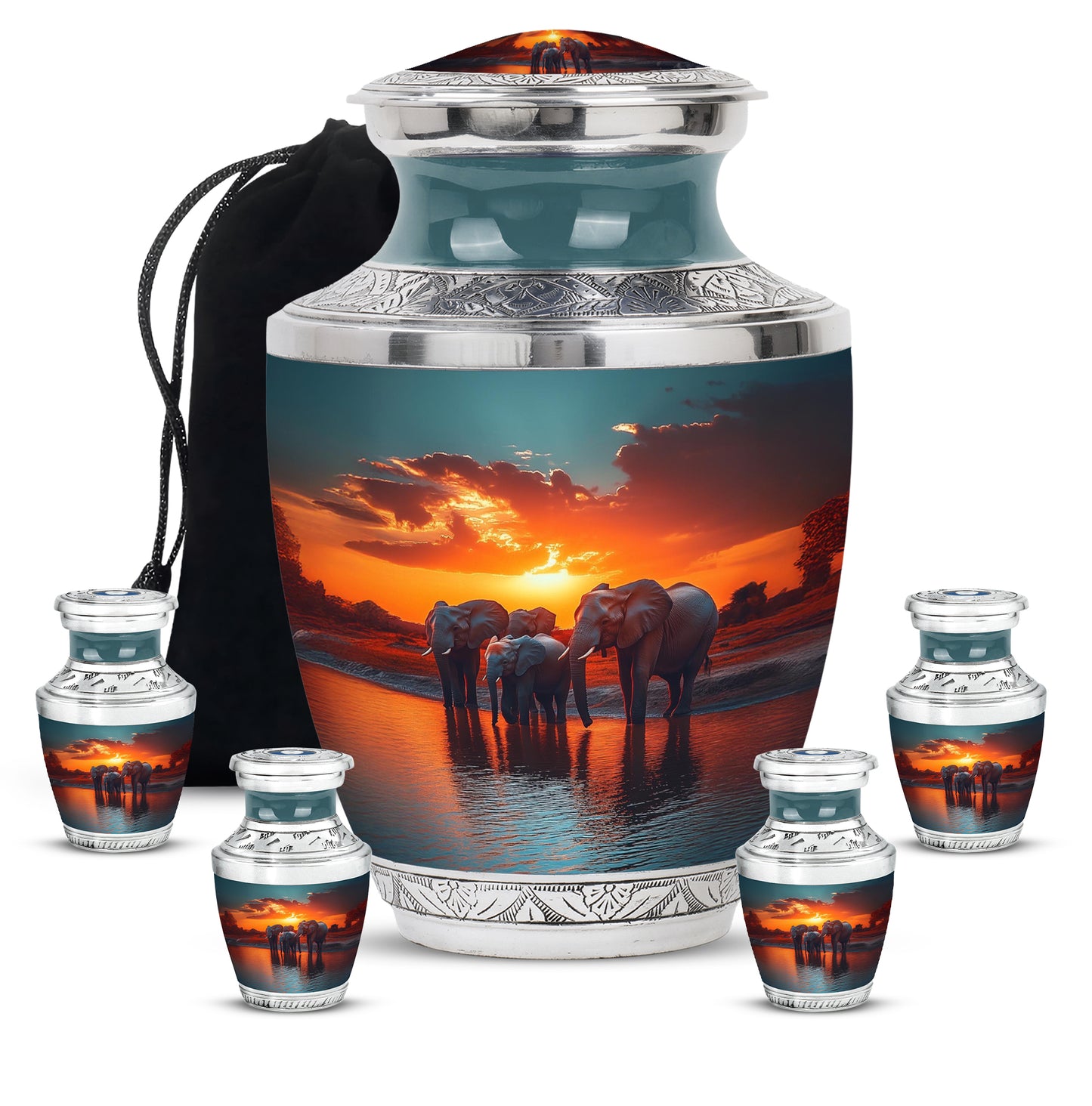 Deep Teal Elephant Cremation Urn lifestyle display on memorial shelf - stylized abstract elephant pattern with bold lines - memorial set with one large and four small urns
