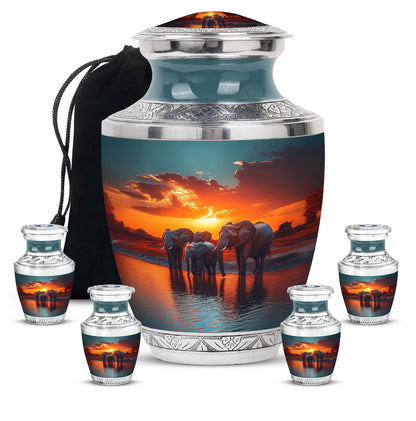 Deep Teal Elephant Cremation Urn lifestyle display on memorial shelf - stylized abstract elephant pattern with bold lines - memorial set with one large and four small urns