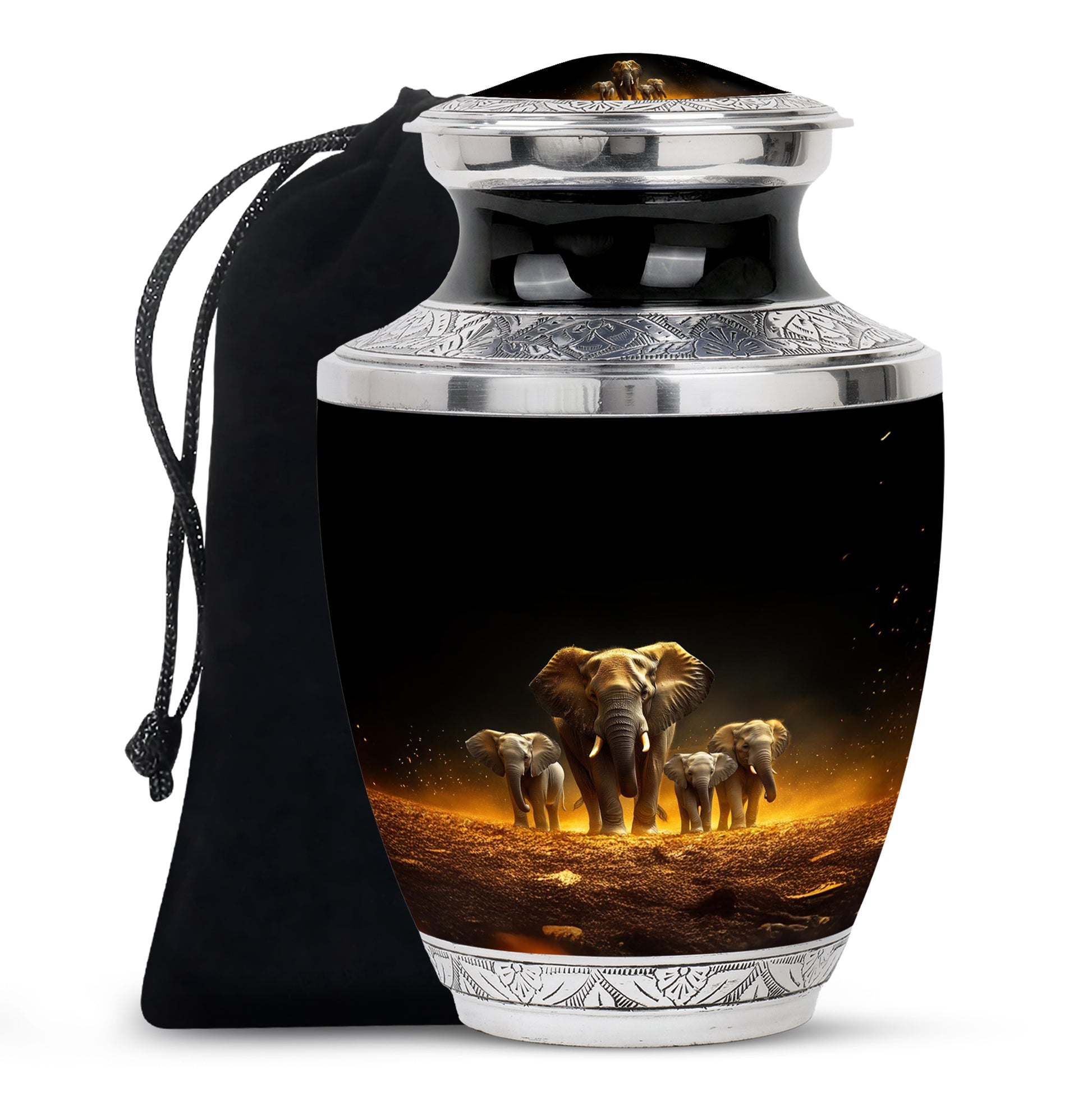 Dark Black Elephant Cremation Urn side profile showing urn shape - artistic elephant interpretation with creative detail - full-size 10 inch 200 cubic inch adult cremation urn