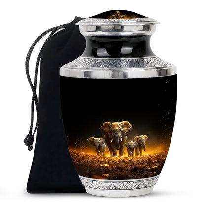 Dark Black Elephant Cremation Urn side profile showing urn shape - artistic elephant interpretation with creative detail - full-size 10 inch 200 cubic inch adult cremation urn