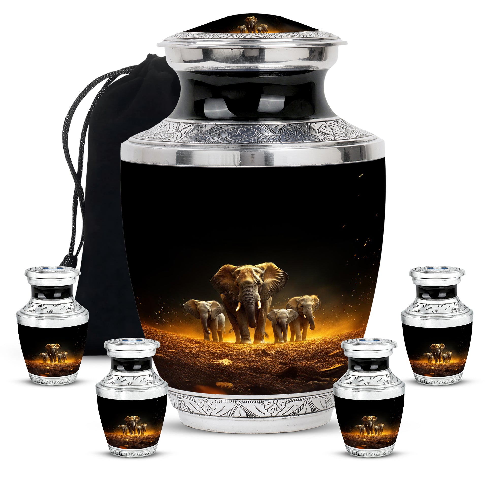 Ebony Elephant Cremation Urn lifestyle display on memorial shelf - modern art-inspired elephant motif on sleek aluminum - memorial set with one large and four small urns
