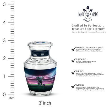 Rich Black Elephant Cremation Urn top-down view of secure threaded lid - modern art-inspired elephant motif on sleek aluminum - mini keepsake memorial for portion of cremation ashes