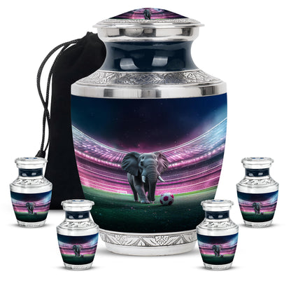 Dark Black Elephant Cremation Urn lifestyle display on memorial shelf - artistic elephant interpretation with creative detail - memorial set with one large and four small urns