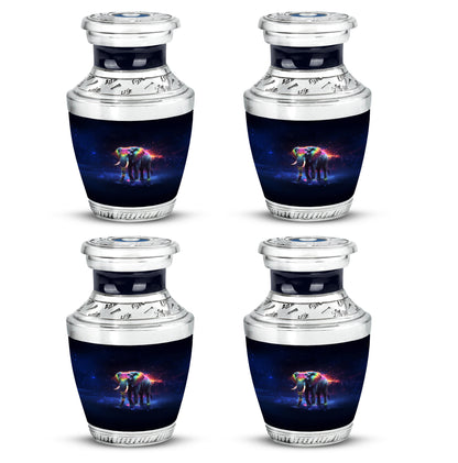 Obsidian Black Elephant Cremation Urn back view with polished surface - stylized abstract elephant pattern with bold lines - 10 inch aluminum urn for cremated remains