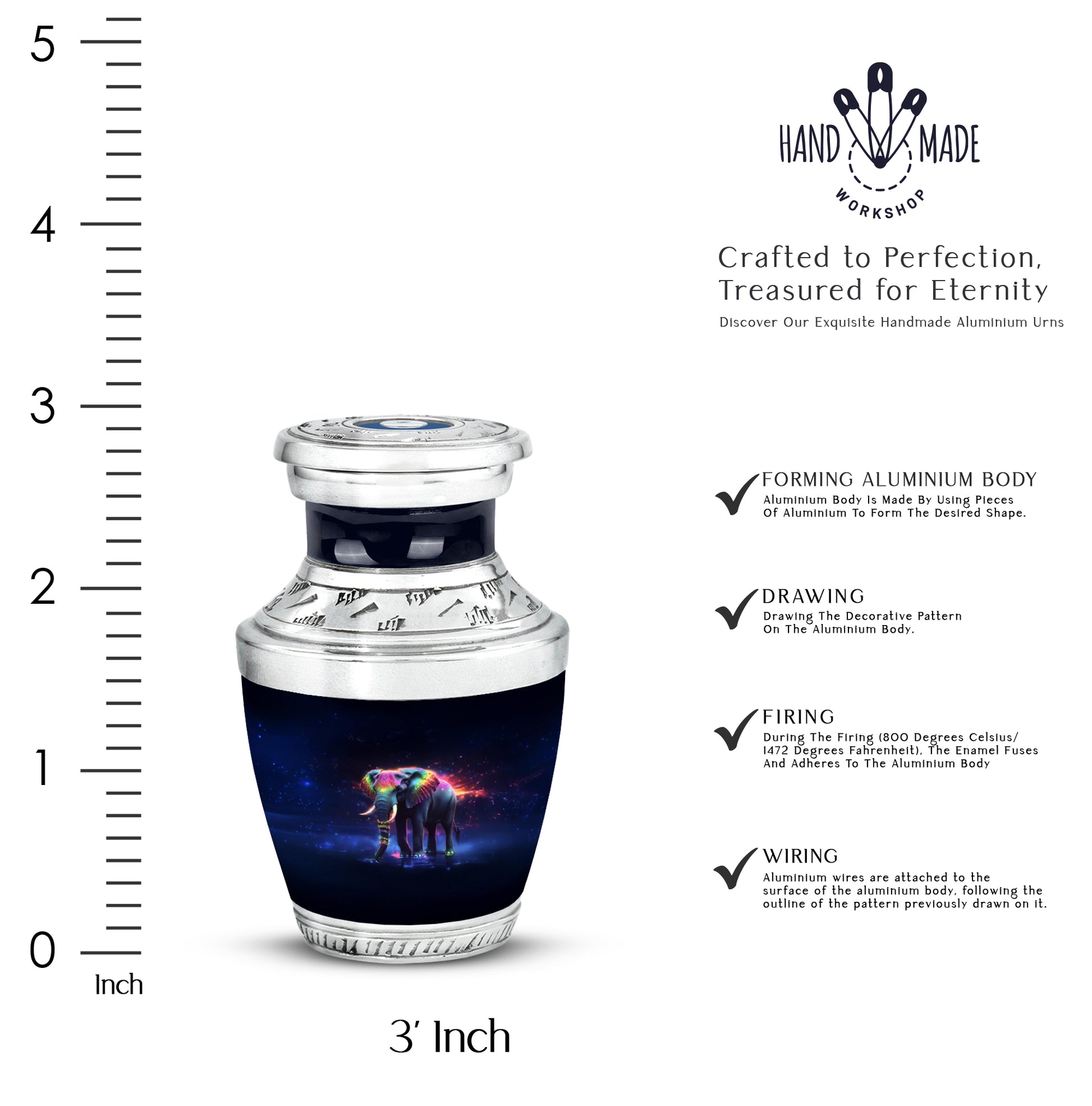 Rich Black Elephant Cremation Urn top-down view of secure threaded lid - modern art-inspired elephant motif on sleek aluminum - mini keepsake memorial for portion of cremation ashes