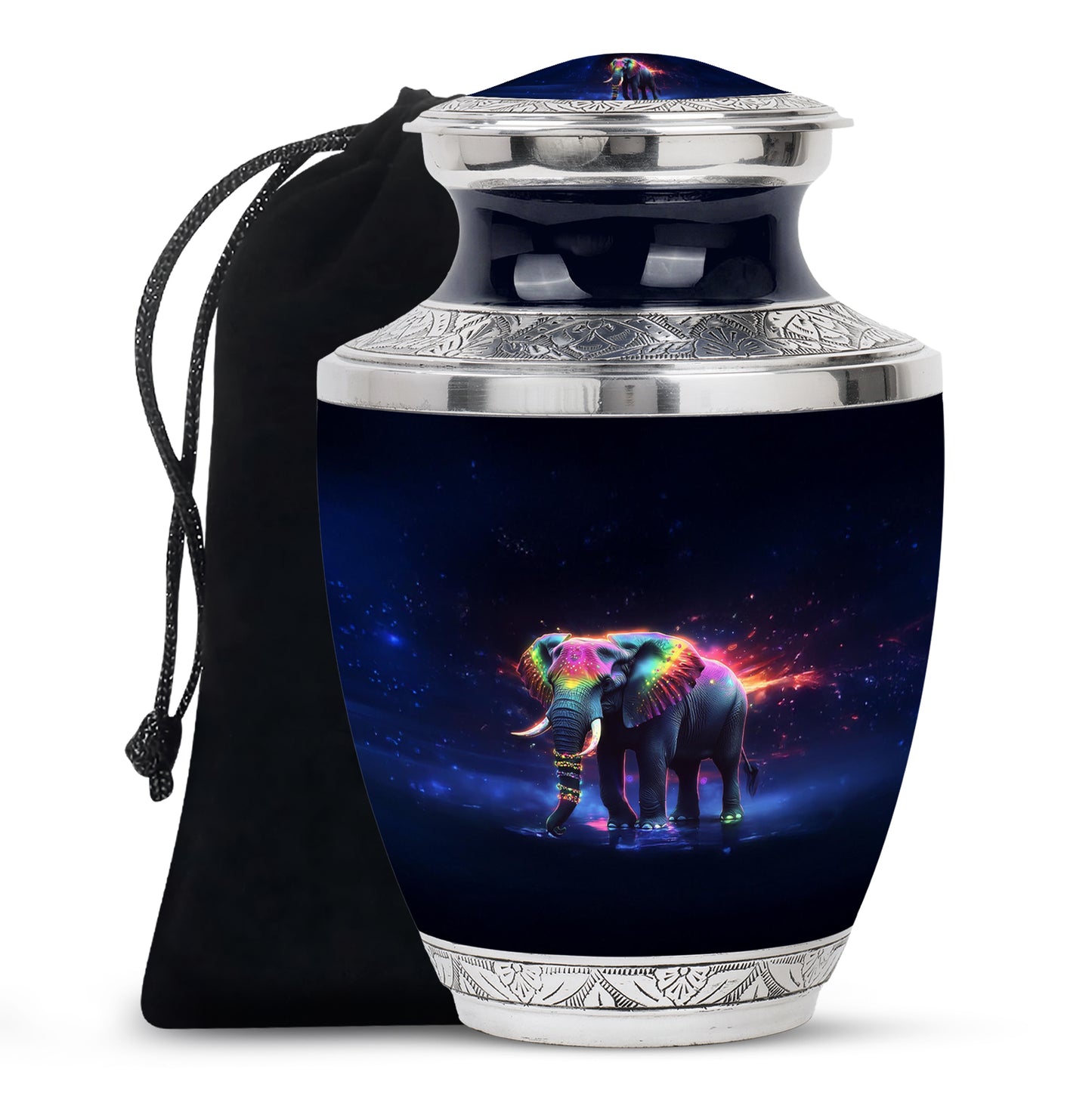 Midnight Black Elephant Cremation Urn side profile showing urn shape - artistic elephant interpretation with creative detail - full-size 10 inch 200 cubic inch adult cremation urn