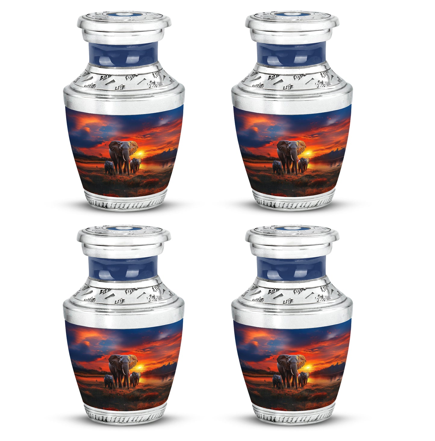 Indigo Elephant Cremation Urn back view with polished surface - modern art-inspired elephant motif on sleek aluminum - 10 inch aluminum urn for cremated remains