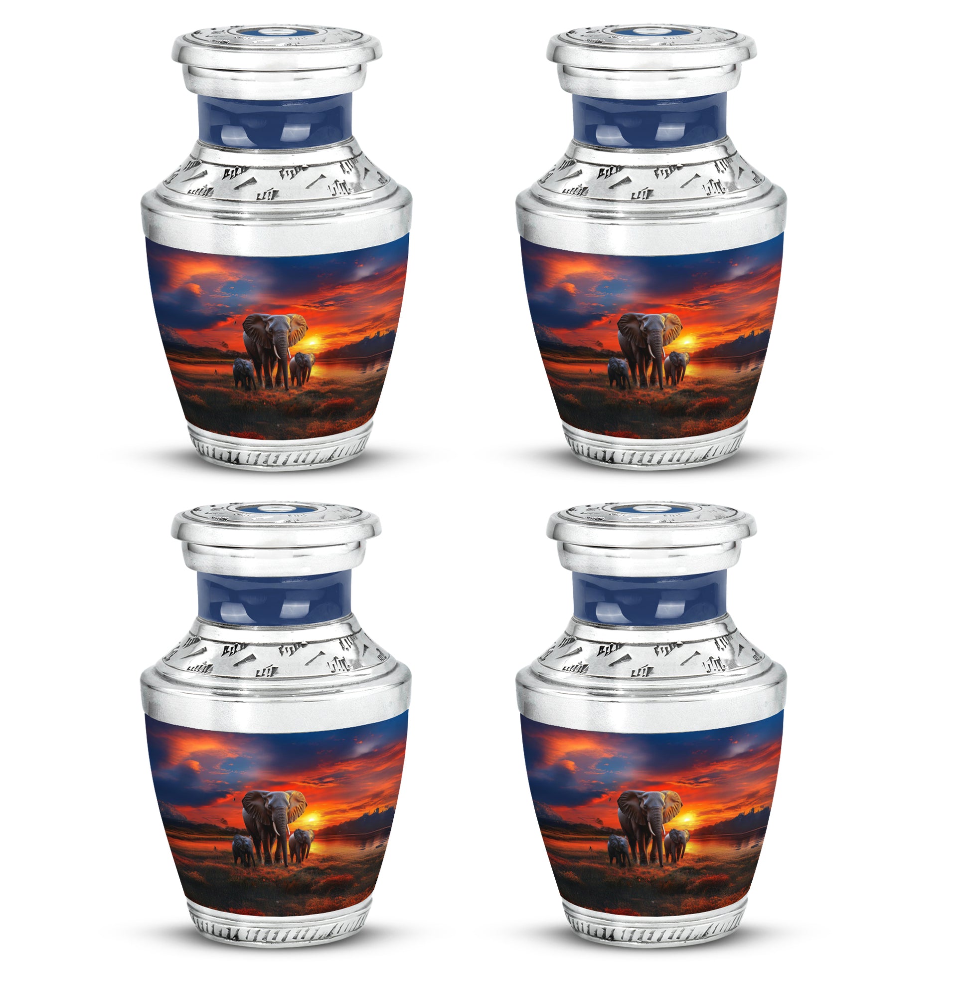 Indigo Elephant Cremation Urn back view with polished surface - modern art-inspired elephant motif on sleek aluminum - 10 inch aluminum urn for cremated remains