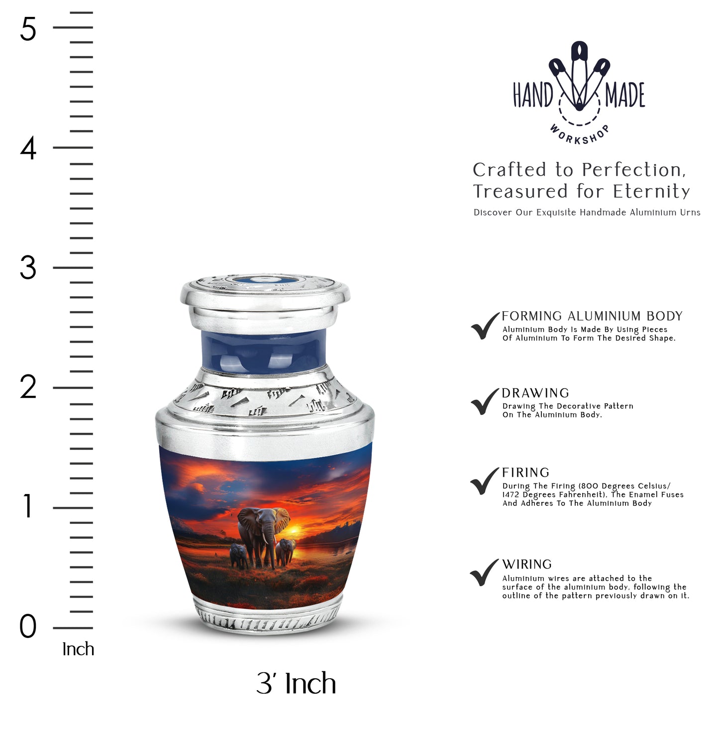 Cornflower Blue Elephant Cremation Urn top-down view of secure threaded lid - stylized abstract elephant pattern with bold lines - mini keepsake memorial for portion of cremation ashes